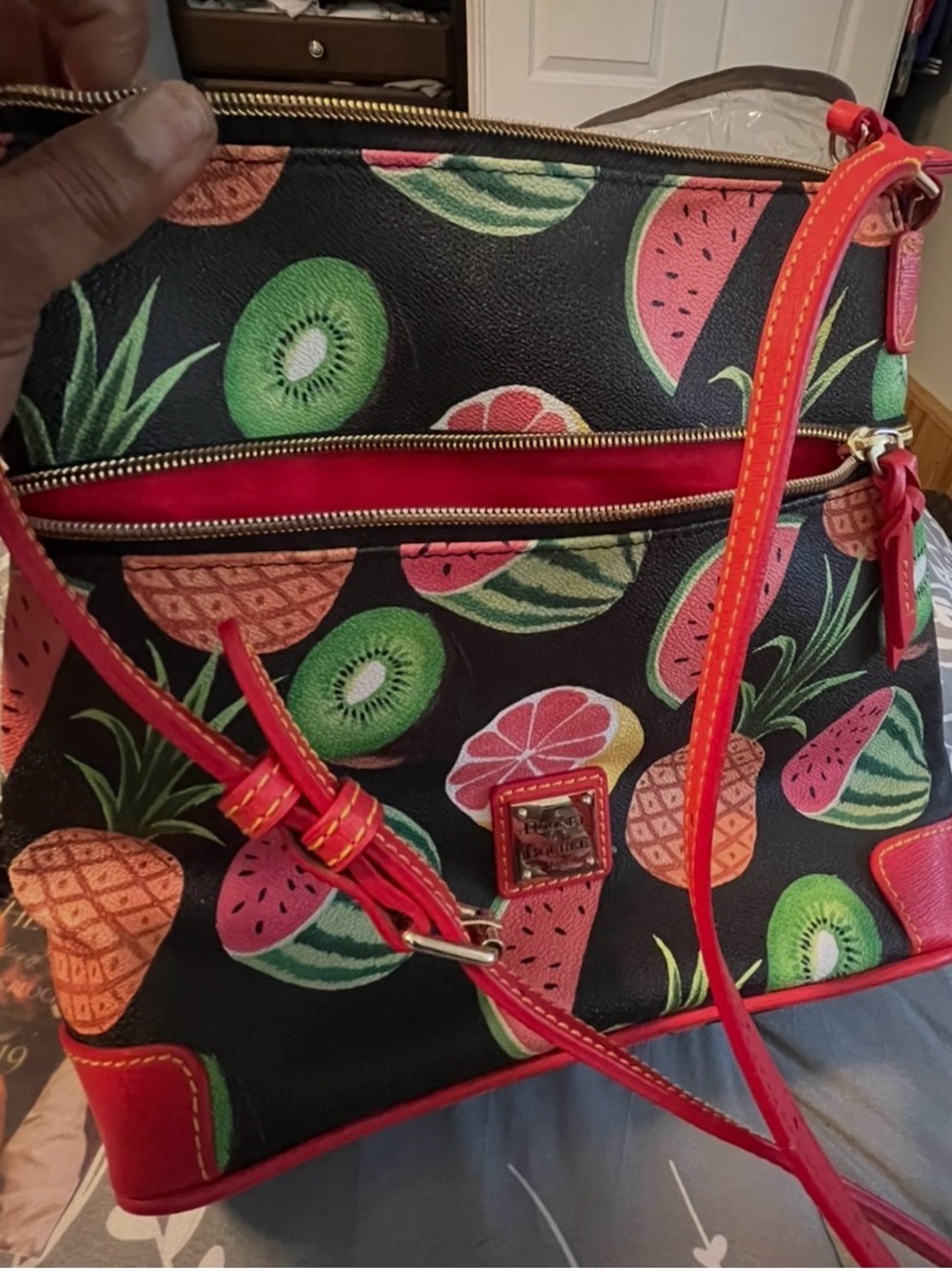 Authentic Dooney Bourke Black Crossbody Bag with Bright Fruit Print and Red Trim